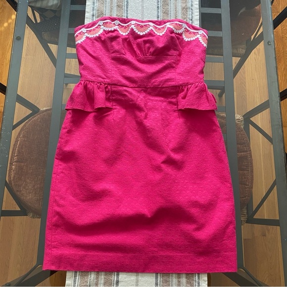 Lilly Pulitzer Azalea Pink Strapless Embroidered Peplum Maybell Dress 4 - Picture 3 of 16